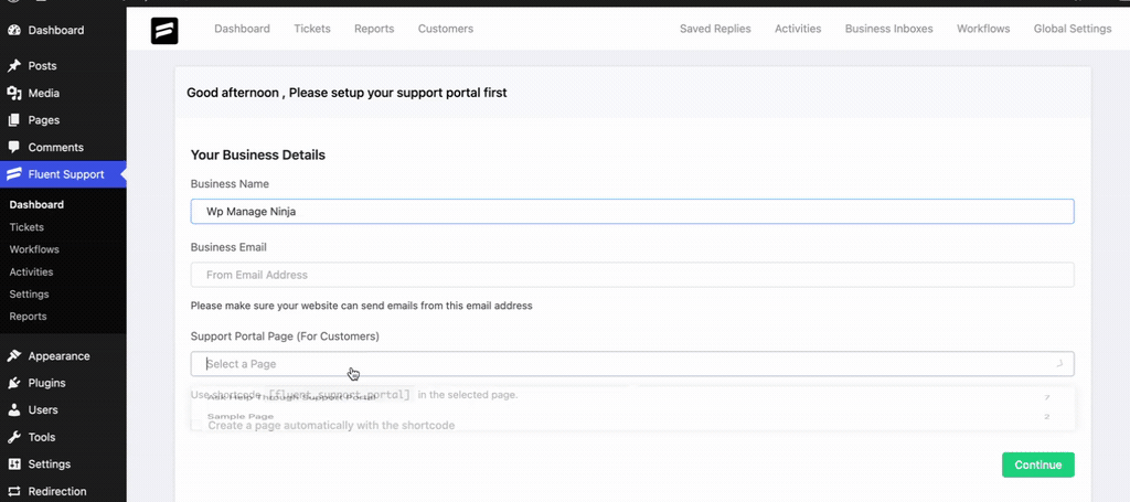 Adding the Support Portal in desired page using ShortCode