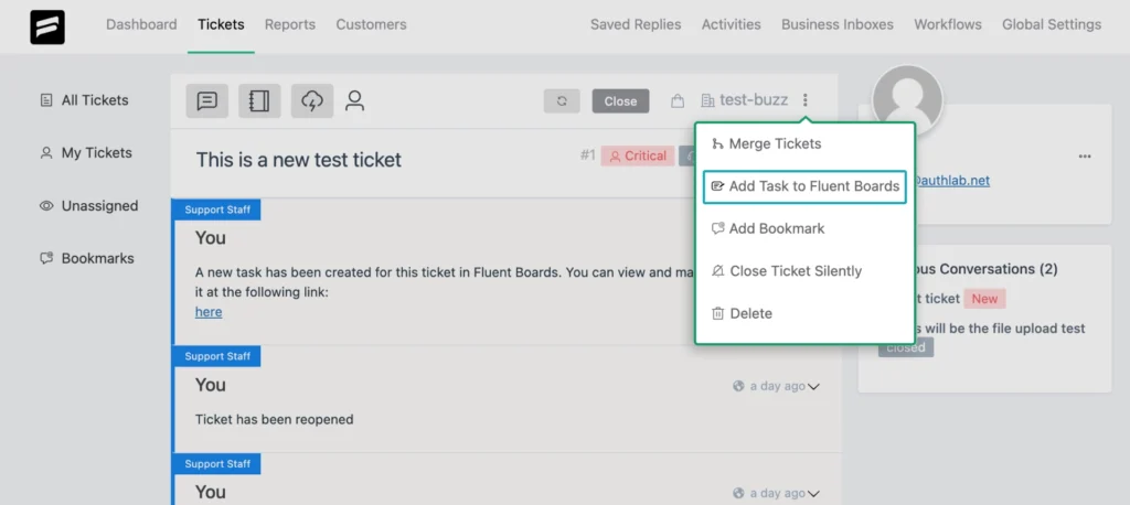 Fluent Support ticket add to Fluent Boards