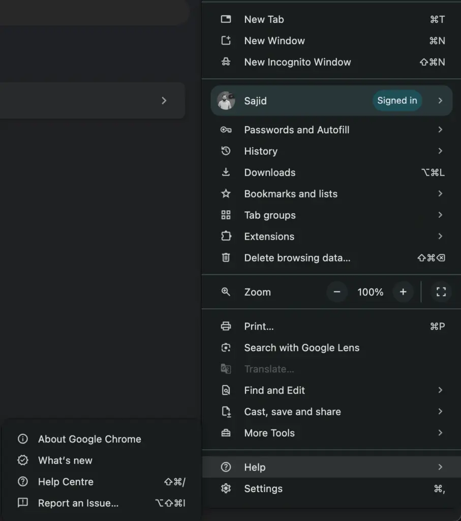 About Google Chrome option in three dot