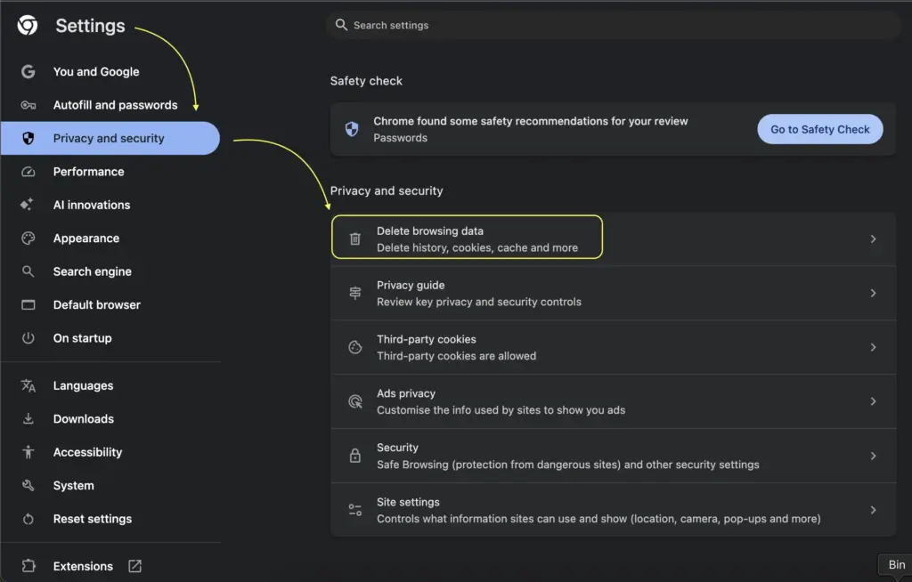 Browsing data delete (Chrome)