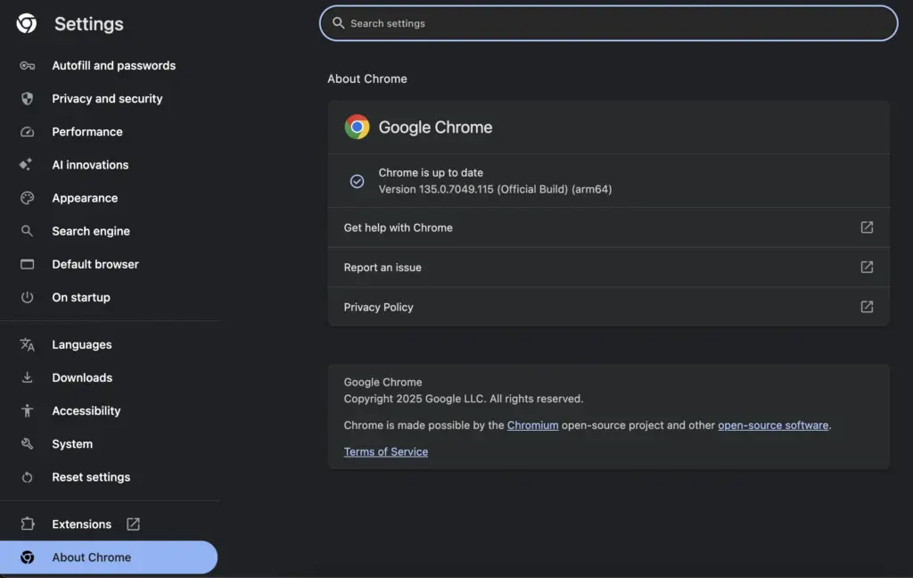 Check for Chrome update