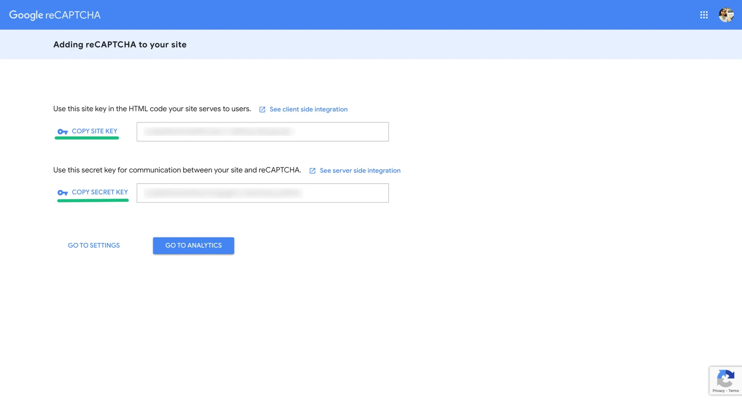 Copy Site Key and a Copy Secret Key