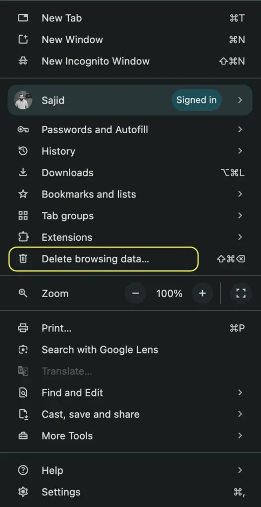 Delete browsing data in Chrome