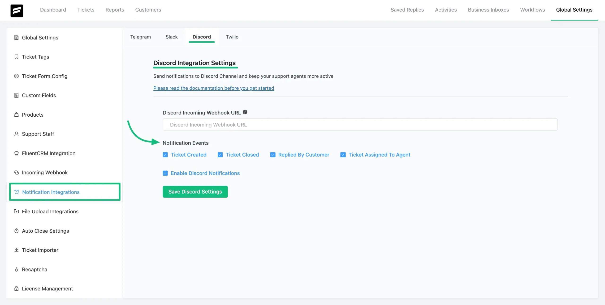 Discord Integration Settings