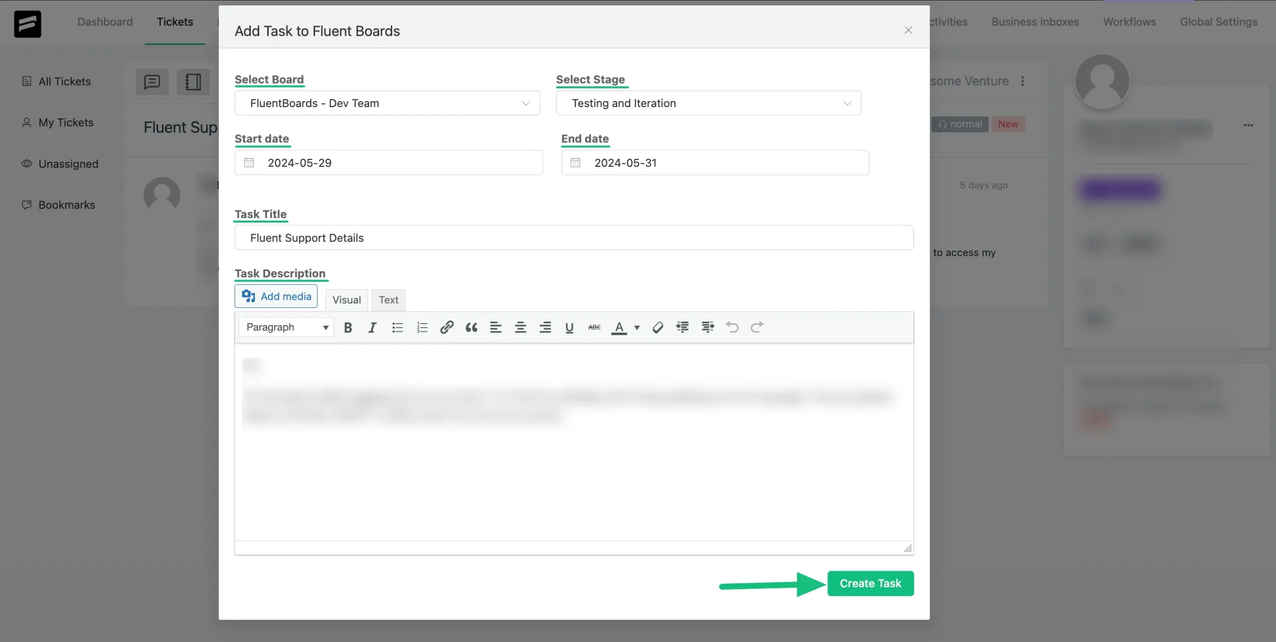 Popup page for Adding Task to Fluent Boards