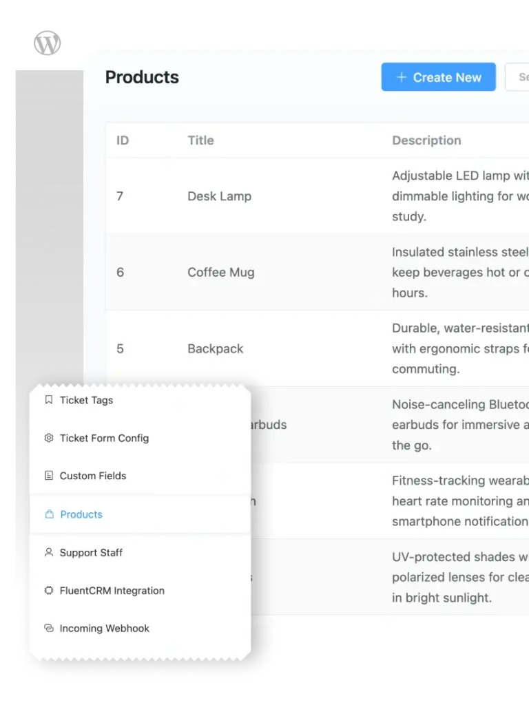 Products option in Fluent Support (Home 25)