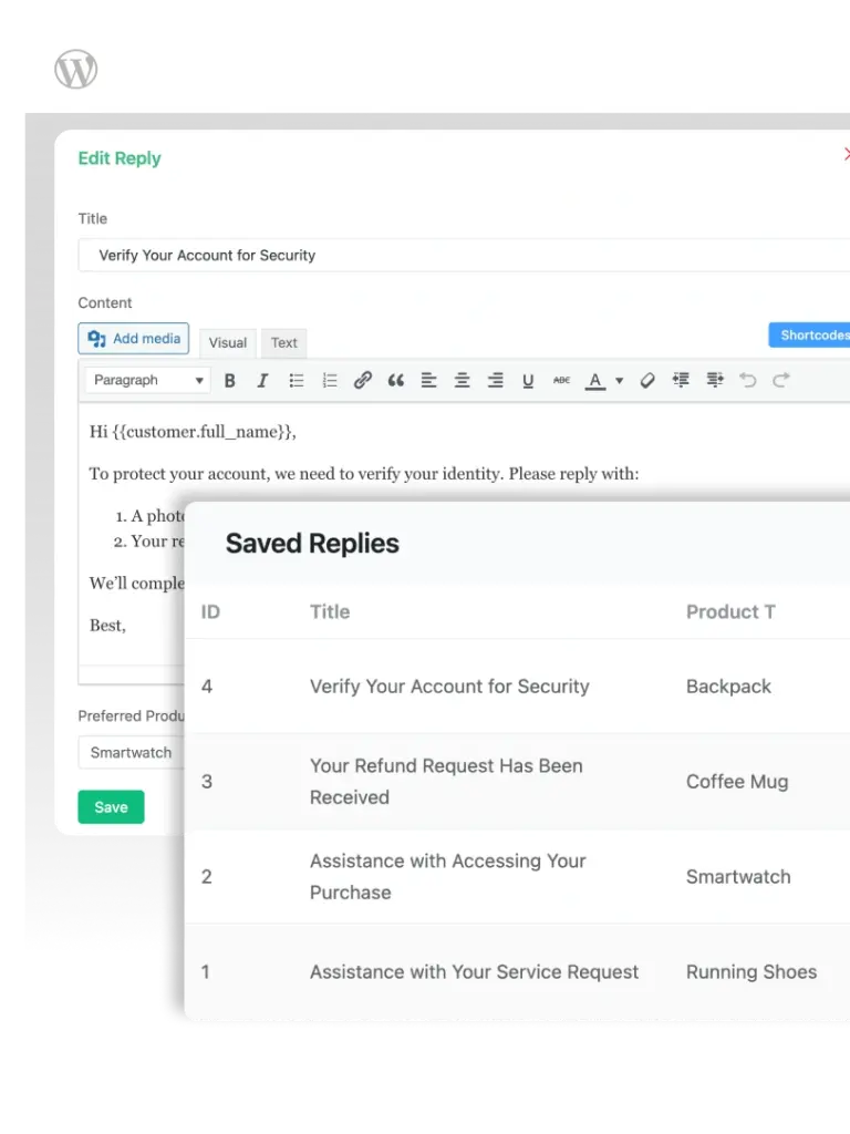 Fluent Support saved replies functionality (Home 25)