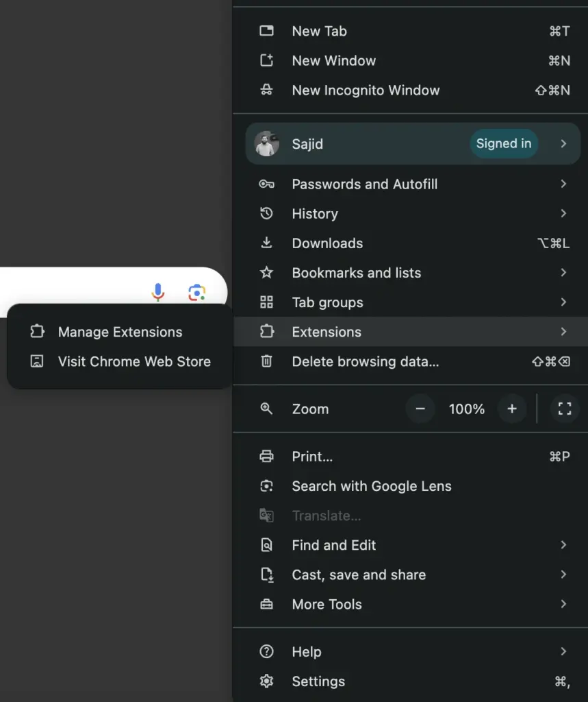 Manage extensions option in Chrome