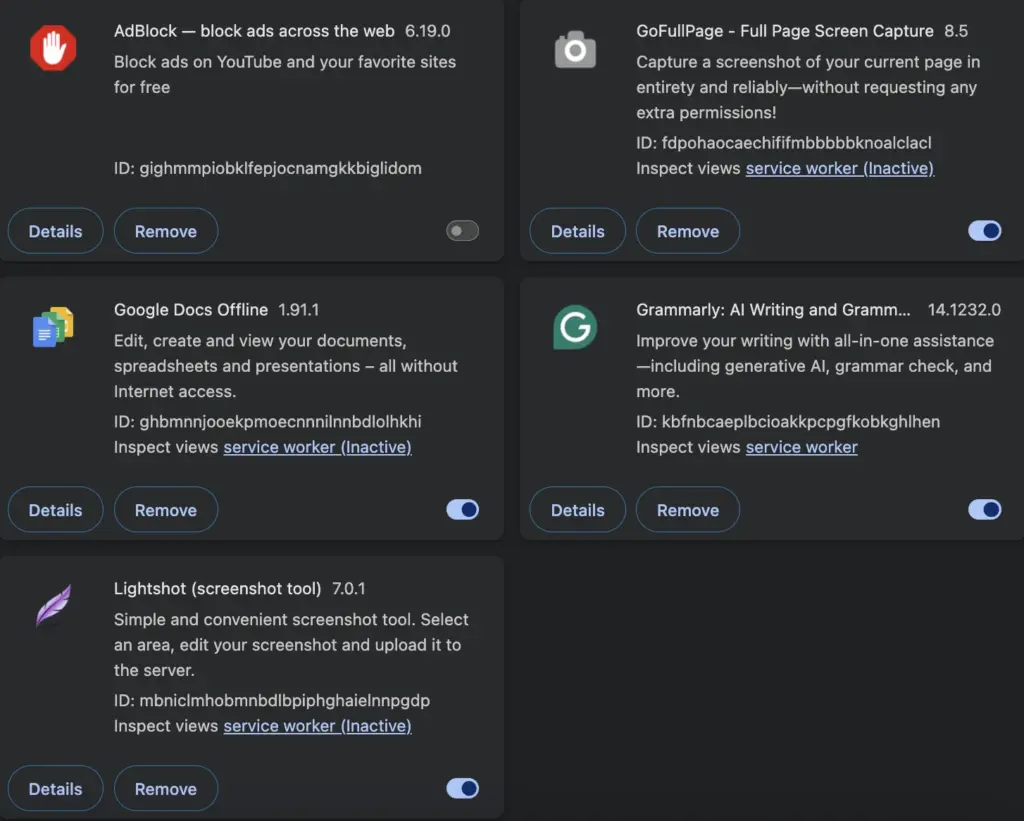 Manage Extensions option in Chrome