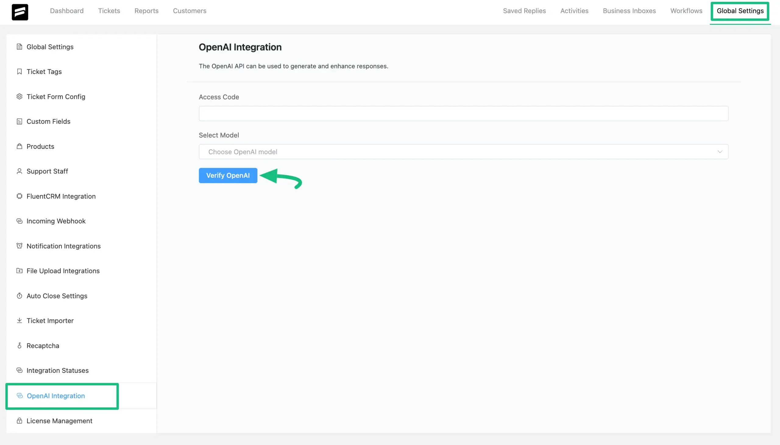 OpenAI Integration option from the left sidebar under Global Settings