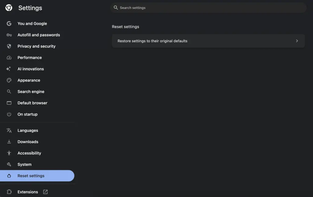 Reset setting option in Mac