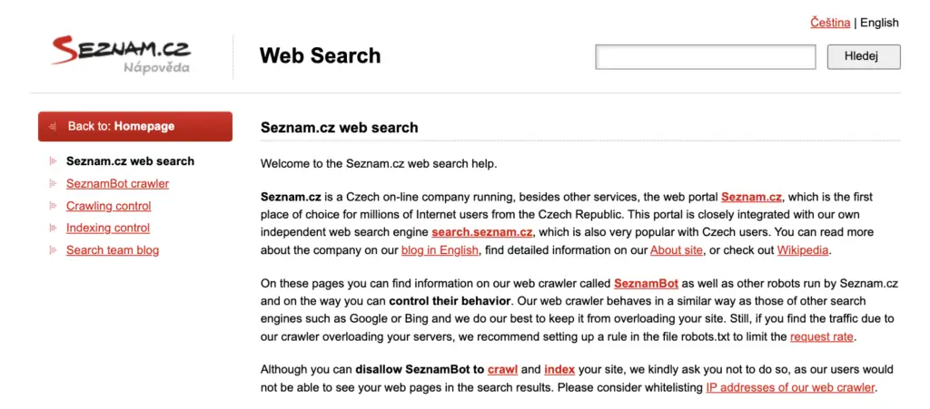 Seznam search engine, niche specific search